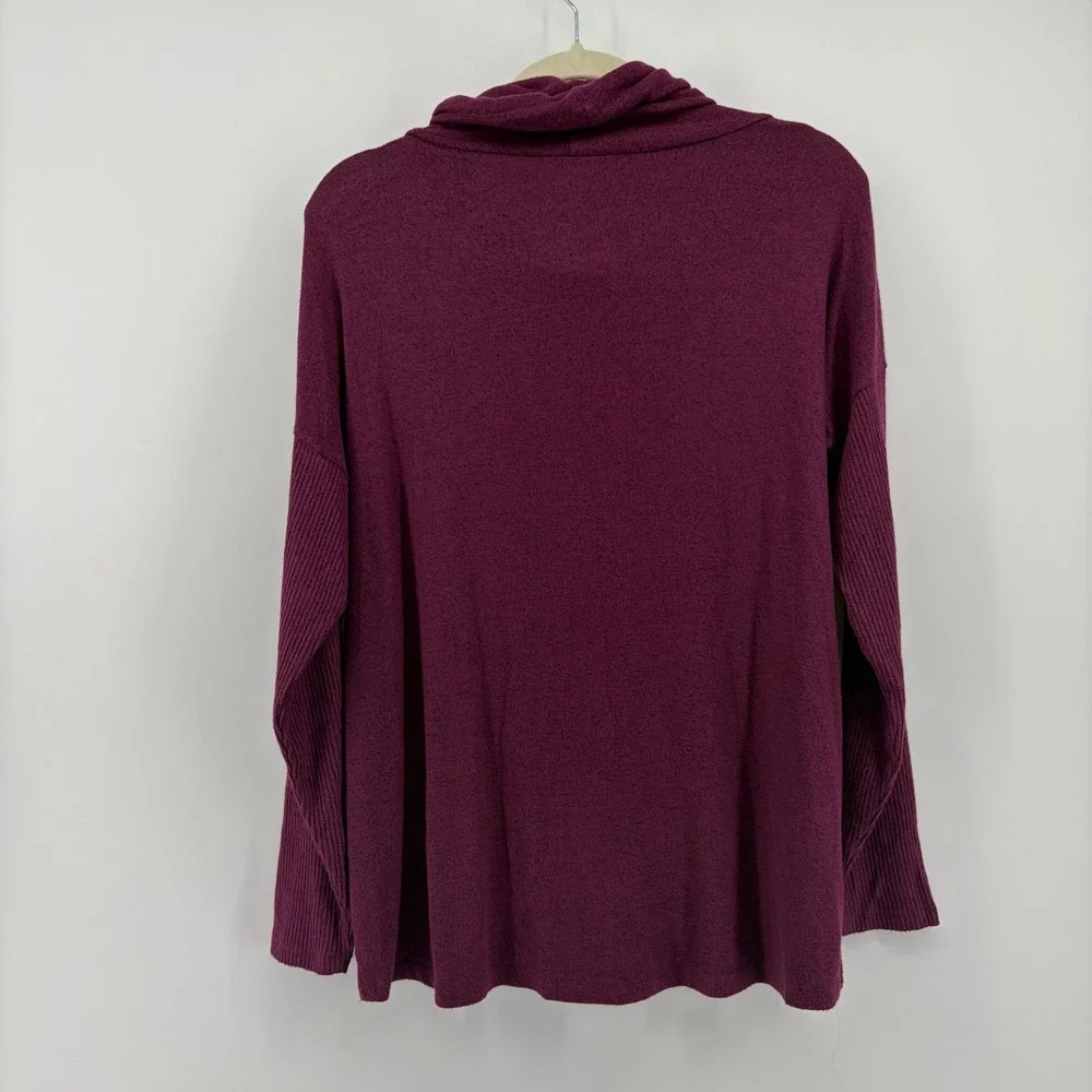 Style & co Womens M Purple Pullover Cowl Neck Ribbed Sleeve Kangaroo‎ Pocket Top